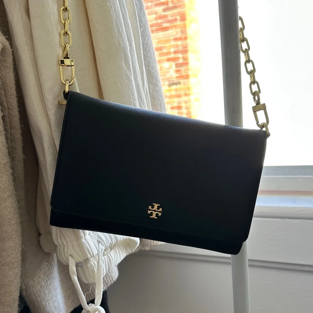 Tory Burch Black Leather Crossbody with Gold Chain Strap